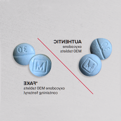 Photo of blue pills on the left with engraved markings from an authentic producer of pills. A red line. Then pills with almost the exact same engravings but are counterfeit. Source:  DEA (http://www.dea.gov/onepill)